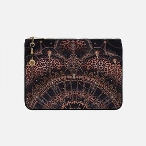 Camilla “Masked Moonlight” black gold leopard boho canvas clutch bag pouch sac